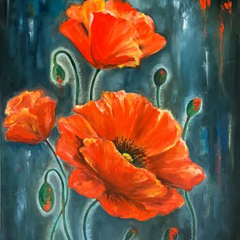 Painting titled "Poppies" by Nadya Lem, Original Artwork, Oil