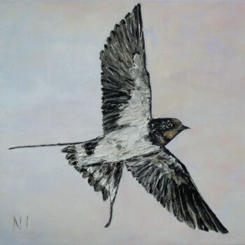 Schilderij getiteld "Swallow in fly" door Nadezhda Ivanova, Origineel Kunstwerk, Olie Gemonteerd op Frame voor houten branca…