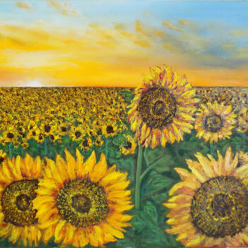 Painting titled "Sunflowers" by Nadezhda Ivanova, Original Artwork, Oil Mounted on Wood Stretcher frame