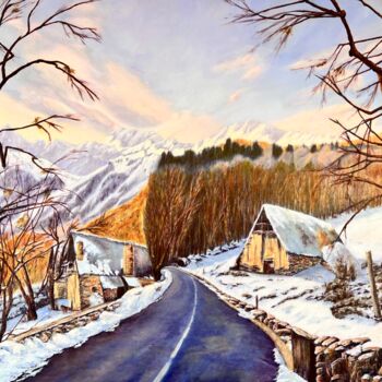 Painting titled "Route Hivernale de…" by Nadya Rigaill, Original Artwork, Oil Mounted on Wood Stretcher frame