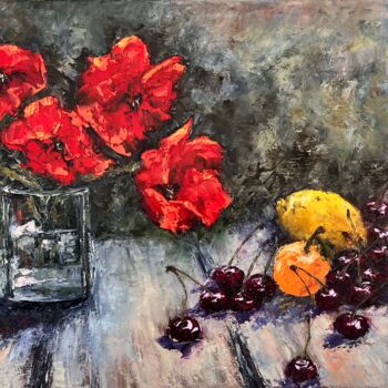 Painting titled "Cerises et coquelic…" by Nadya Rigaill, Original Artwork, Oil