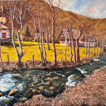 Painting titled "Village pyrénéen" by Nadya Rigaill, Original Artwork, Oil Mounted on Wood Stretcher frame