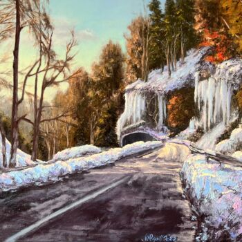 Painting titled "Route matinale vers…" by Nadya Rigaill, Original Artwork, Oil Mounted on Wood Stretcher frame