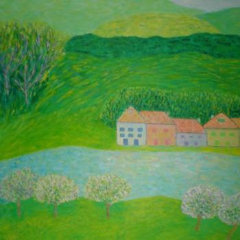 Painting titled "maisons-riviere" by Nahum Fuchs, Original Artwork