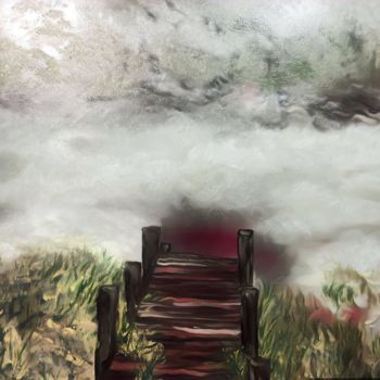 Painting titled "Mist lake" by Julia Nazar, Original Artwork, Oil