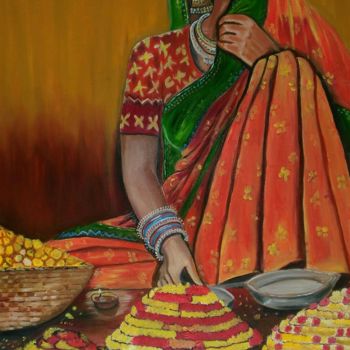 Ζωγραφική με τίτλο "Indian flower selli…" από Sreekala Nambiar, Αυθεντικά έργα τέχνης, Λάδι