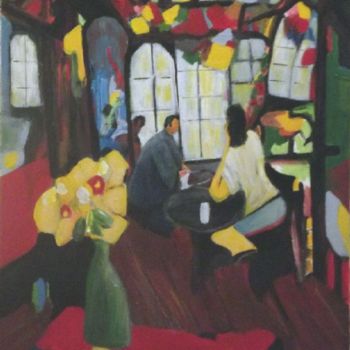 Painting titled "Cafe Fleuri" by Nami, Original Artwork, Oil
