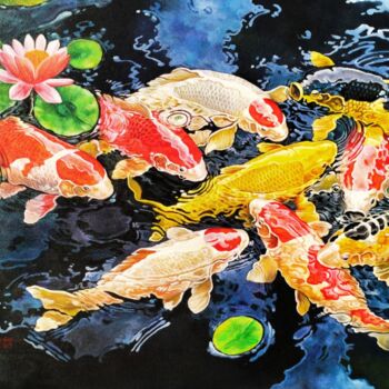 Painting titled "Harmony of Koi #6" by Namnjani, Original Artwork, Oil