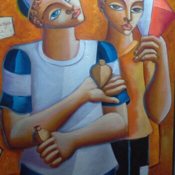 Painting titled "Meninos brincando" by Nando Ribeiro, Original Artwork, Oil