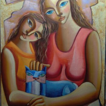 Pintura intitulada "Menina com gato" por Nando Ribeiro, Obras de arte originais, Óleo