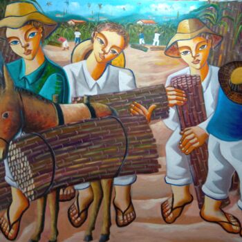 Painting titled "Colheita de cana de…" by Nando Ribeiro, Original Artwork, Oil