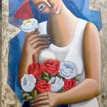 Pintura intitulada "Mulher com vaso de…" por Nando Ribeiro, Obras de arte originais, Óleo