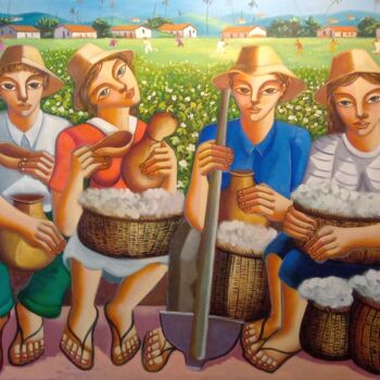 Pintura intitulada "Colheita de algodão" por Nando Ribeiro, Obras de arte originais, Óleo