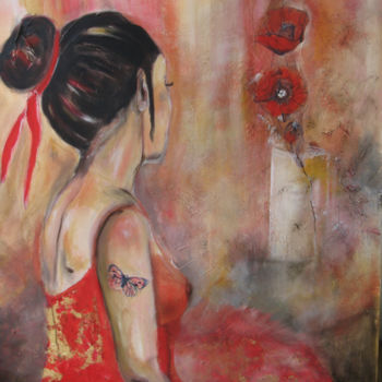 Painting titled "femme aux coquelico…" by Nadine Pizzinato, Original Artwork, Acrylic
