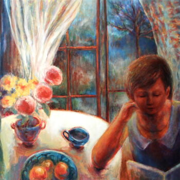 Painting titled "Girl with a Book" by Naoko Paluszak, Original Artwork, Oil