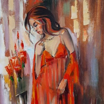 Ζωγραφική με τίτλο "Red dress (40x50cm,…" από Narek Jaghacpanyan, Αυθεντικά έργα τέχνης, Λάδι Τοποθετήθηκε στο Ξύλινο φορείο…