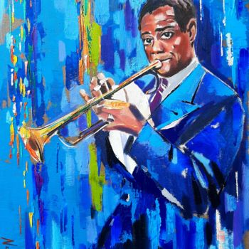 Painting titled "Louis Armstrong (35…" by Narek Jaghacpanyan, Original Artwork, Oil Mounted on Wood Stretcher frame
