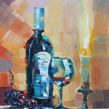 Painting titled "Still life with win…" by Narek, Original Artwork, Oil Mounted on Wood Stretcher frame