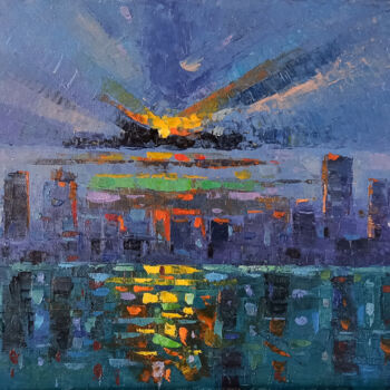 Painting titled "Night city" by Narek, Original Artwork, Oil Mounted on Wood Stretcher frame
