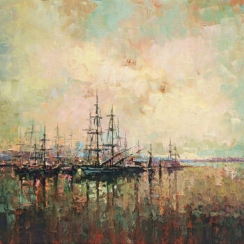 Painting titled "Port" by Narek, Original Artwork, Oil Mounted on Wood Stretcher frame