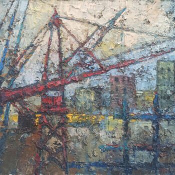Painting titled "Cityscape  - Crane" by Narek, Original Artwork, Oil Mounted on Wood Stretcher frame