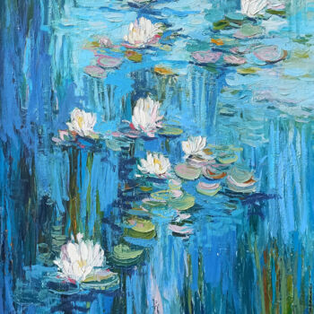 Painting titled "Water lilies" by Narek, Original Artwork, Oil Mounted on Wood Stretcher frame