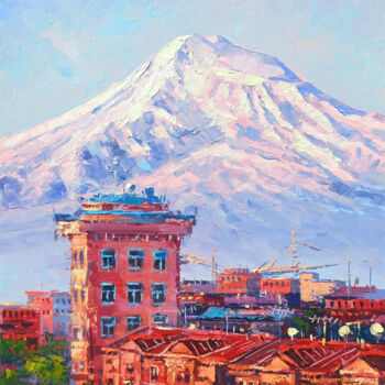 Painting titled "Cityscape - Yerevan" by Narek, Original Artwork, Oil Mounted on Wood Stretcher frame