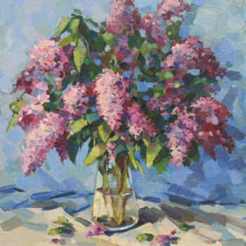 Painting titled "Still life - lilacs" by Narek, Original Artwork, Oil Mounted on Wood Stretcher frame