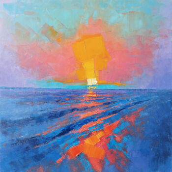 Schilderij getiteld "SUNSET SAIL" door Narek, Origineel Kunstwerk, Olie Gemonteerd op Frame voor houten brancard