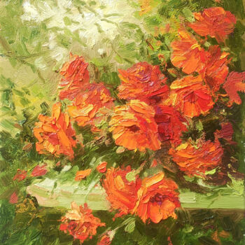 Painting titled "Summer's Fiery Bouq…" by Narek, Original Artwork, Oil Mounted on Wood Stretcher frame