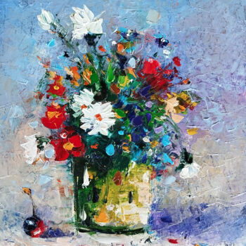 Painting titled "Bouquet of Joy" by Narek, Original Artwork, Oil Mounted on Wood Stretcher frame