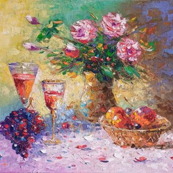 Painting titled "Roses and Revelry" by Narek, Original Artwork, Oil Mounted on Wood Stretcher frame