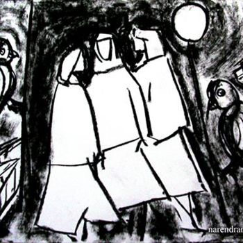 Drawing titled "three girls and bir…" by Narendraraghunath, Original Artwork