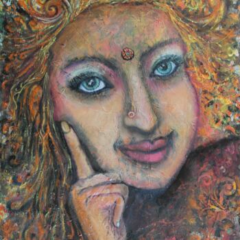 Painting titled "Indian Girl" by N.N. Art, Original Artwork, Oil Mounted on Wood Stretcher frame