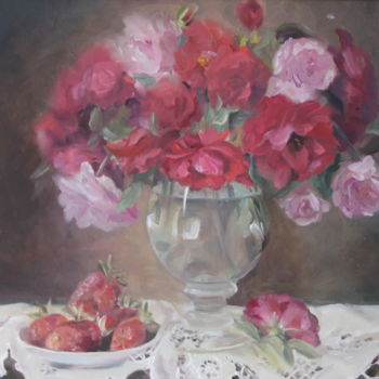 Картина под названием "Roses and strowberry" - Anastasia Kolesnikova, Подлинное произведение искусства, Масло