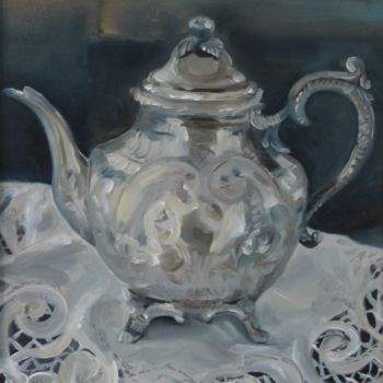 Painting titled "Teapot on the table…" by Anastasia Kolesnikova, Original Artwork, Oil