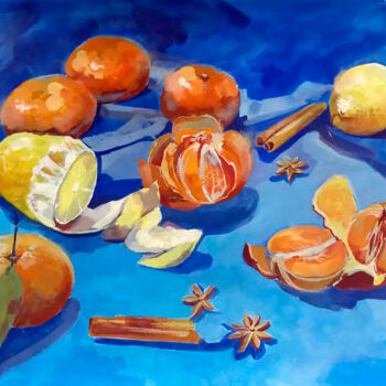Peinture intitulée "Мандарины и лимон н…" par Nastya Poleva, Œuvre d'art originale, Tempera