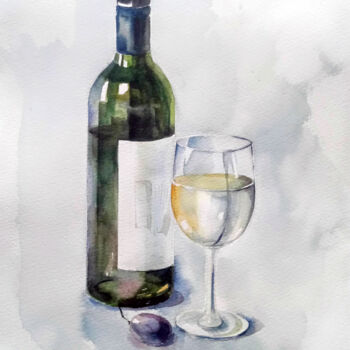 Peinture intitulée "Бутылка вина" par Nastya Poleva, Œuvre d'art originale, Aquarelle