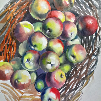 Pintura titulada "яблоки в корзине" por Nastya Poleva, Obra de arte original, Acuarela