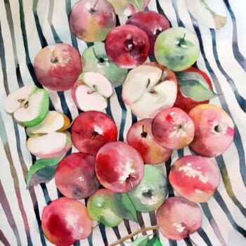 Pintura titulada "яблоки на полосатом…" por Nastya Poleva, Obra de arte original, Acuarela