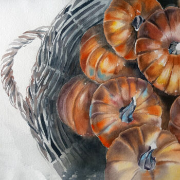 Peinture intitulée "тыквы в корзине" par Nastya Poleva, Œuvre d'art originale, Aquarelle