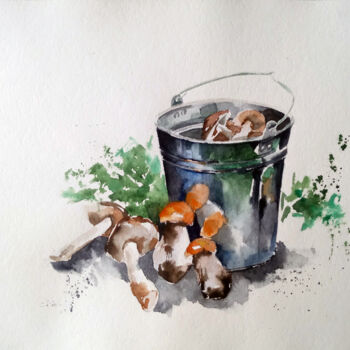 Dessin intitulée "Ведро  с грибами" par Nastya Poleva, Œuvre d'art originale, Aquarelle