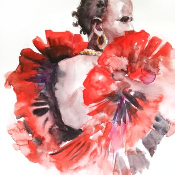 Peinture intitulée "Red dress" par Nastia Manga, Œuvre d'art originale, Aquarelle