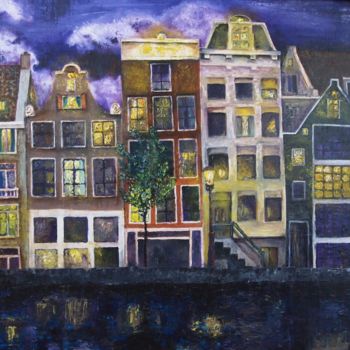 Painting titled "Night Amsterdam" by Ginger, Original Artwork, Oil