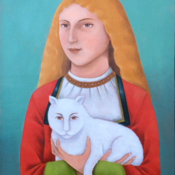 Malerei mit dem Titel "Chat médiéval" von Nathalie Tousnakhoff, Original-Kunstwerk, Öl