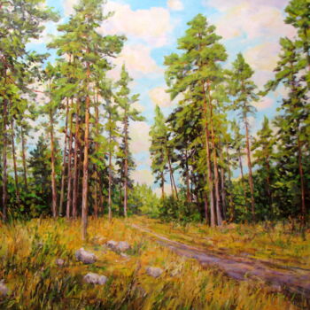 Painting titled "Летний пейзаж23" by Nata Go, Original Artwork, Oil Mounted on Wood Stretcher frame