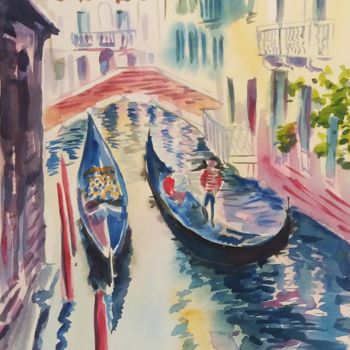 Painting titled "Venice. Bridge. Gon…" by Natalia Kavolina, Original Artwork, Watercolor
