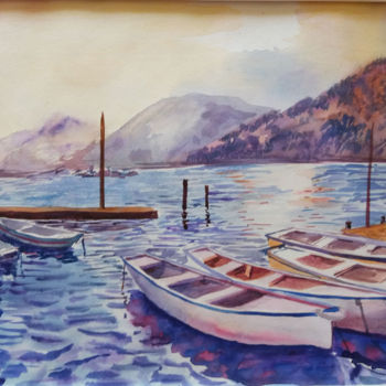 Painting titled "Sea, boats, mountai…" by Natalia Kavolina, Original Artwork, Watercolor