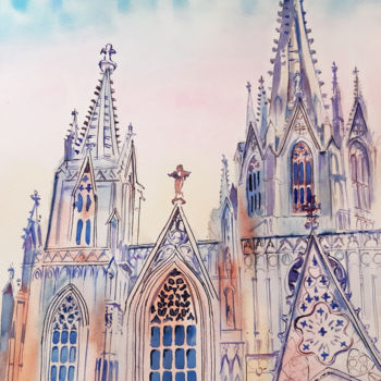 Pintura intitulada "Barcelona Cathedral…" por Natalia Kavolina, Obras de arte originais, Aquarela