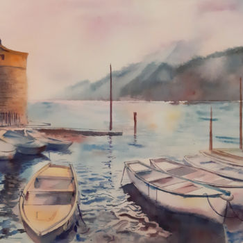 Painting titled "A162. Boats in the…" by Natalia Kavolina, Original Artwork, Watercolor